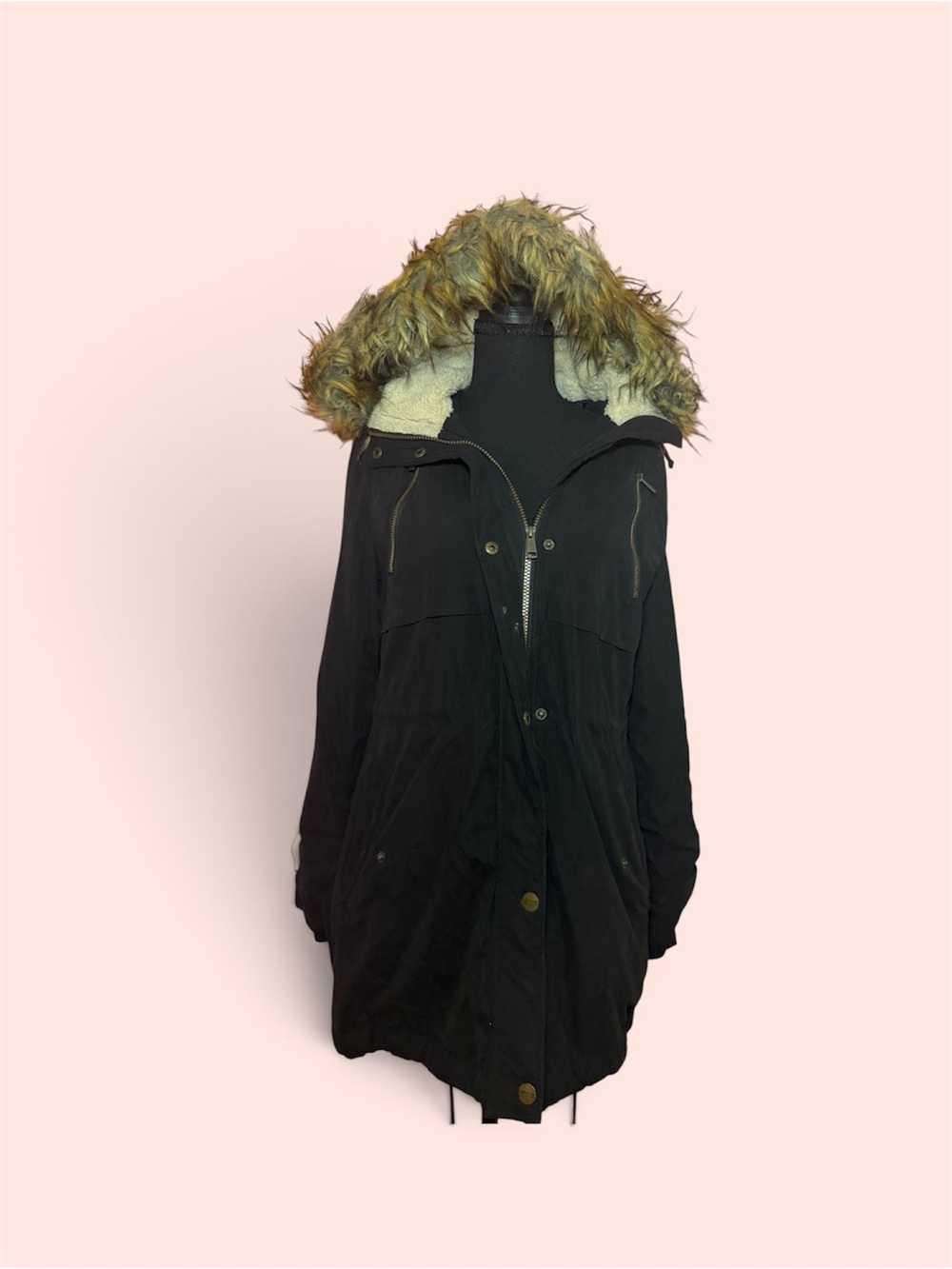 Dkny Black Trench Coat with Faux-Fur Hood